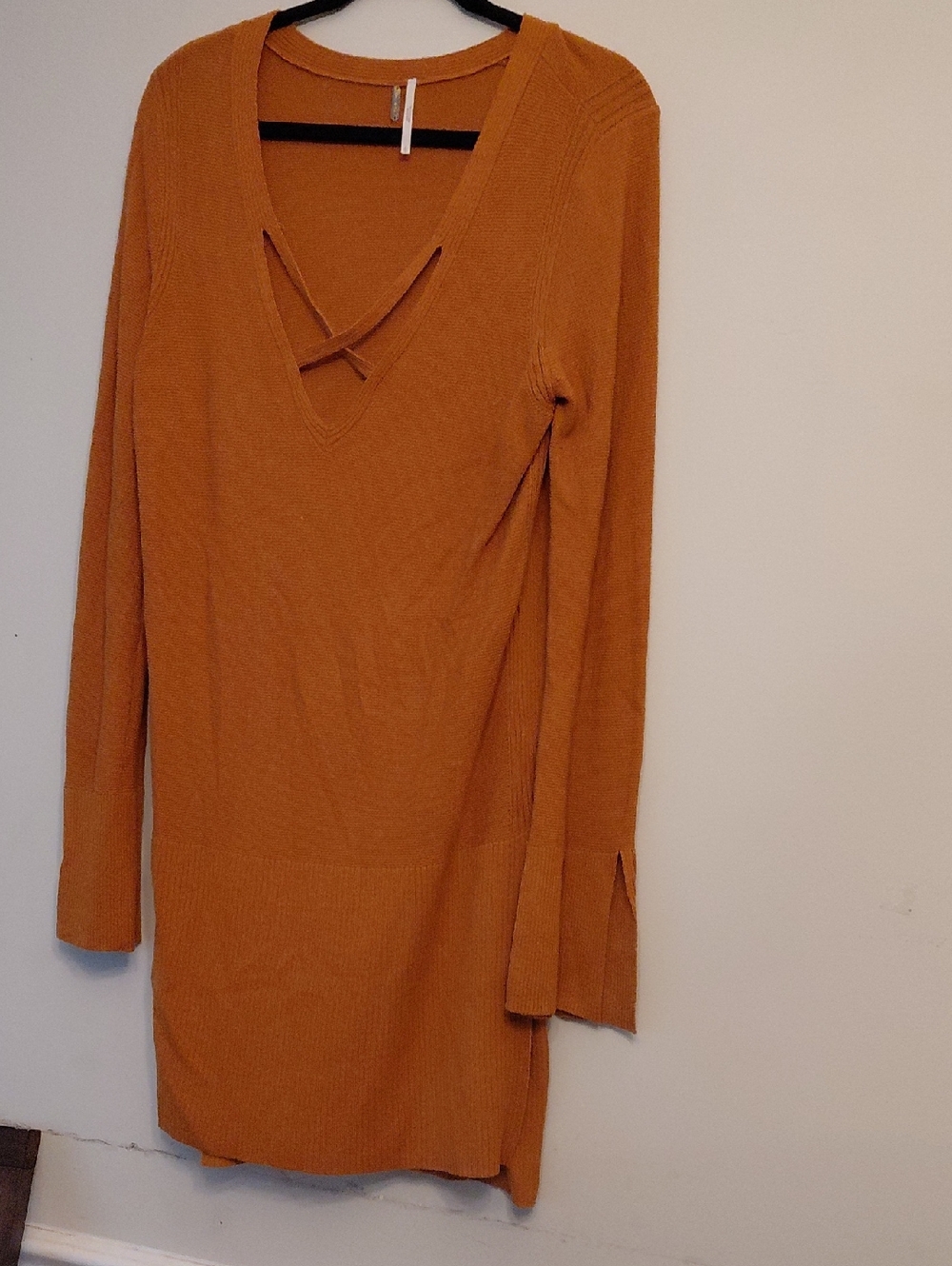 Free People Long Sleeve V-Neck Knit Dress with Cross Strap in Rust